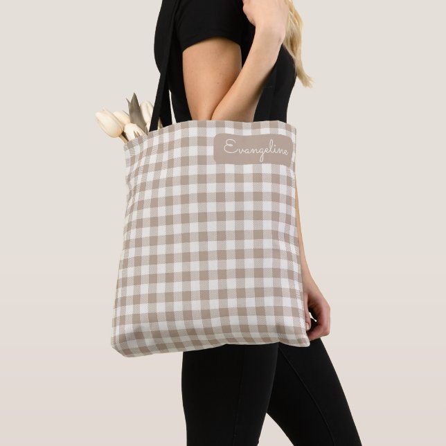 Boho Gingham Pattern Plaid Checkered Neutral Name Tote Bag (Close Up)
