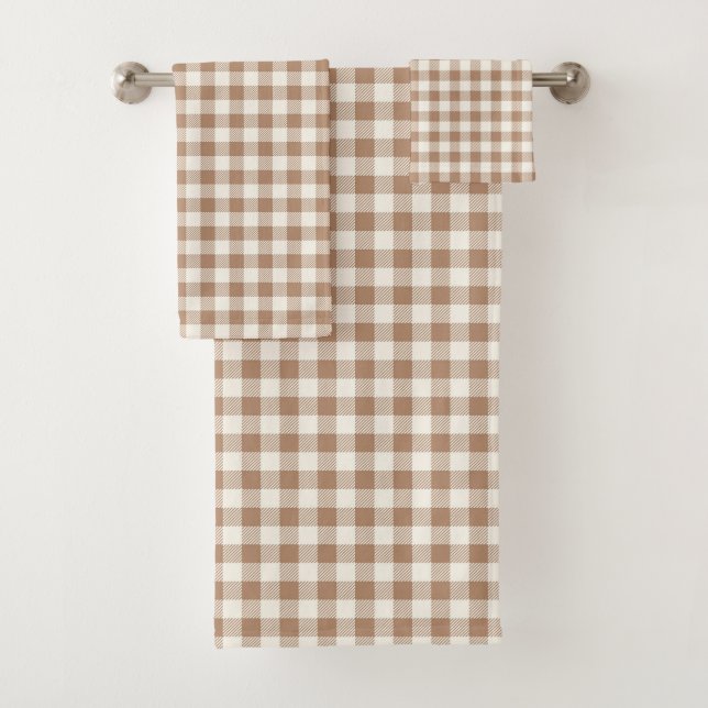 Boho Gingham Pattern Plaid Checkered Tan Brown Bath Towel Set (Insitu)