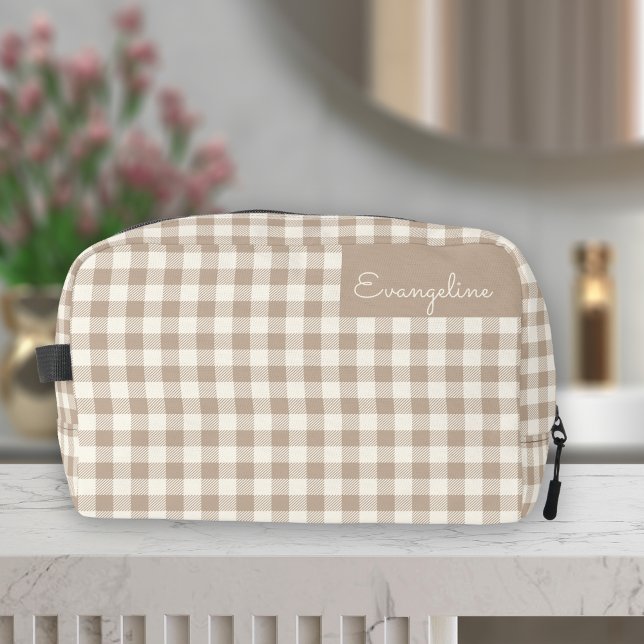 Boho Gingham Pattern Plaid Chequered Neutral Name Dopp Kit (Creator Uploaded)