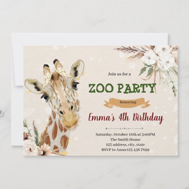 Boho giraffe birthday invitation (Front)