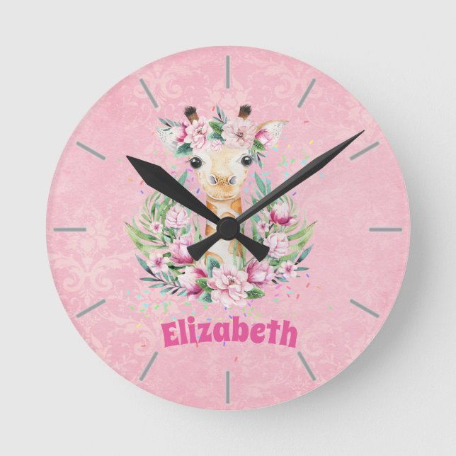 Boho Giraffe Flowers Named Girls, Teens Gifts Round Clock (Front)