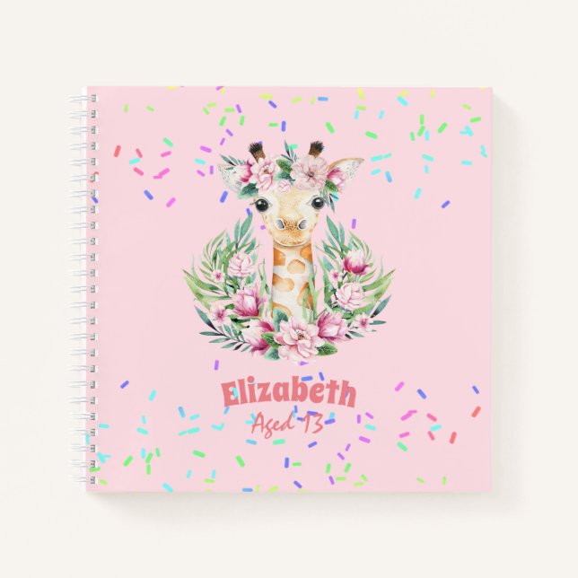 Boho Giraffe Flowers Named Girs, Teens Gifts Notebook (Front)