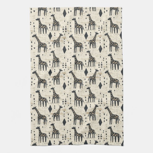 Boho Giraffe Tribal Pattern Tea Towel (Vertical)