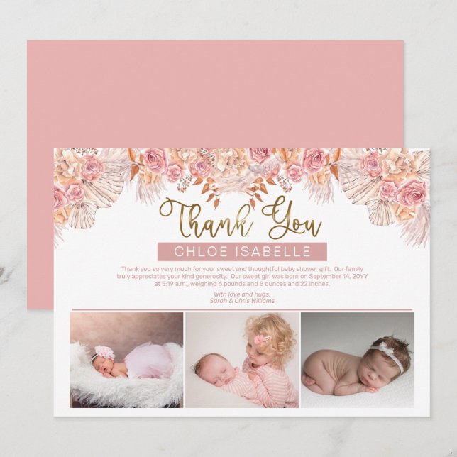 Boho Girl 3 Photo Pampas Grass | Rose Floral Thank You Card (Front/Back)
