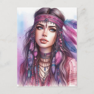 Boho Girl AI Art Bohemian Fashion Postcard