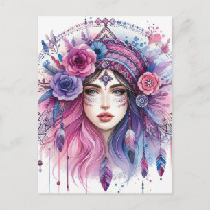 Boho Girl AI Art Bohemian Fashion Postcard