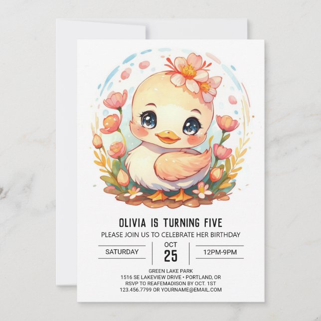 Boho Girl Duck Birthday Invitation (Front)