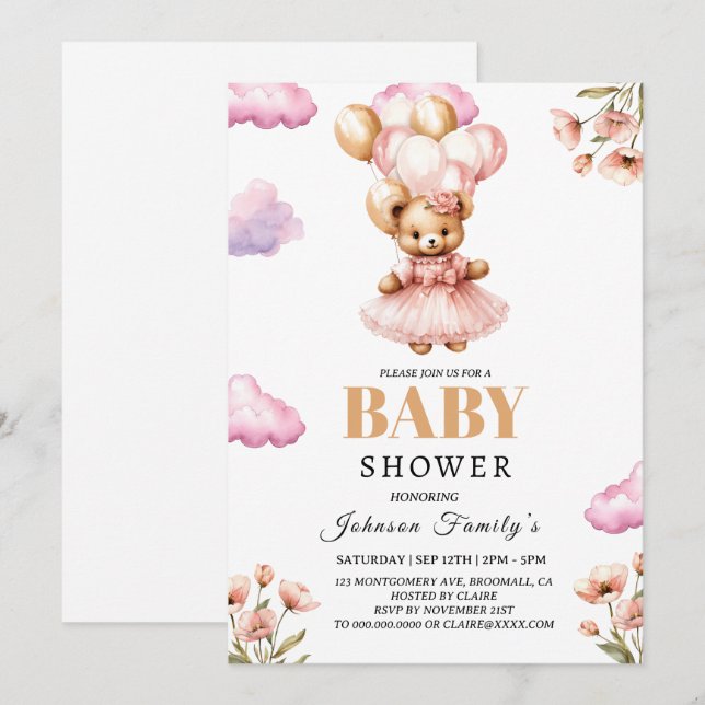 boho Girl pink Babyshower Invitation Bear (Front/Back)