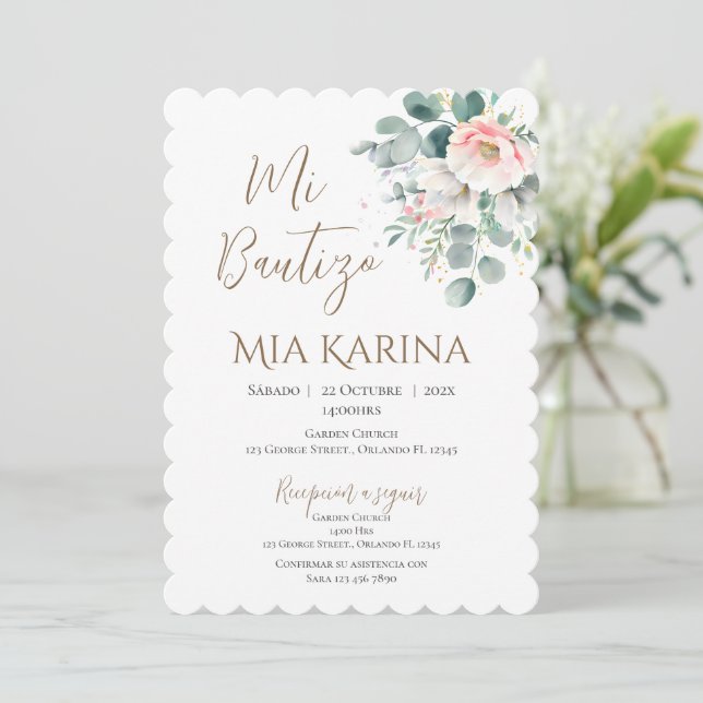 Boho girl's baptism with a bear in clouds invitation (Standing Front)