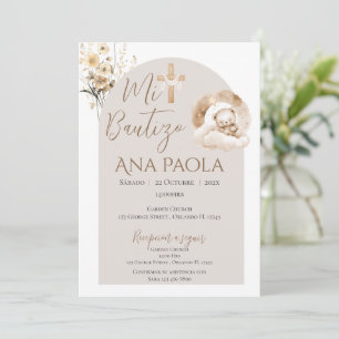 Boho girl's baptism with a bear in clouds invitation