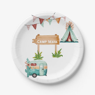 Boho girls camping adventure birthday party paper plate