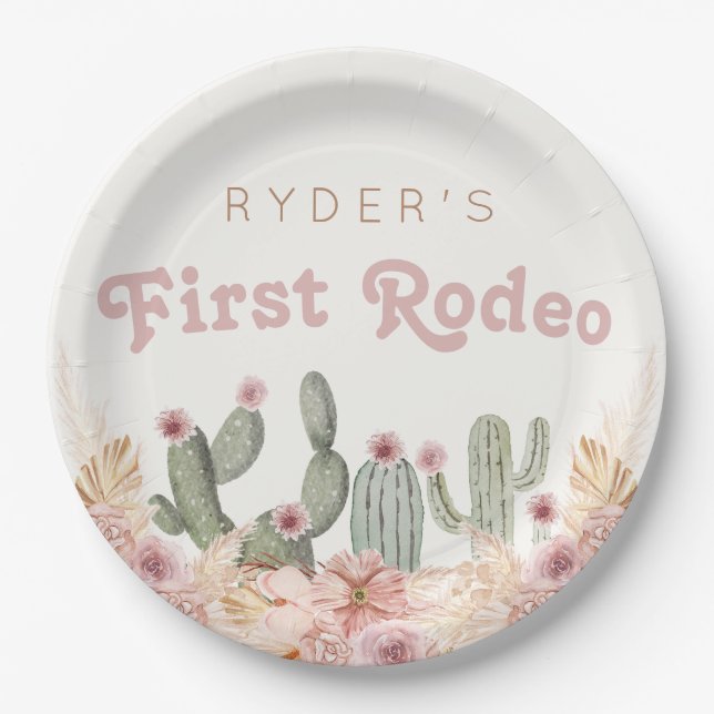 Boho Girls First Rodeo Cowgirl Birthday Paper Plate (Front)