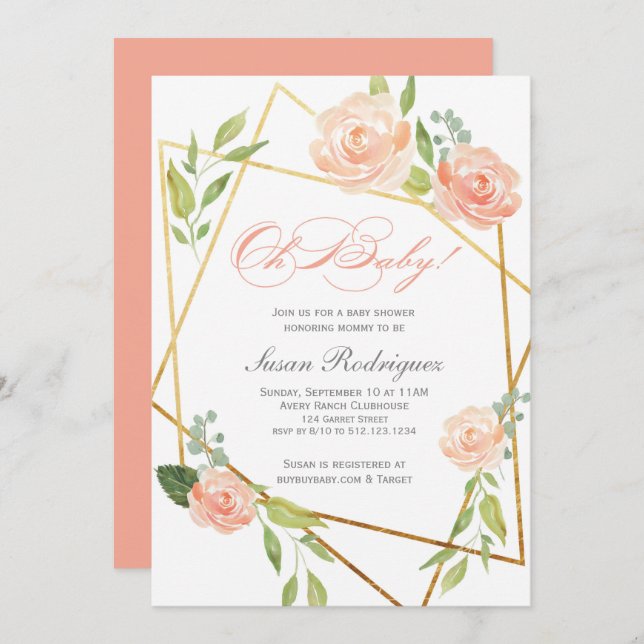 Boho Glam Baby Shower Invitation Gold Floral (Front/Back)