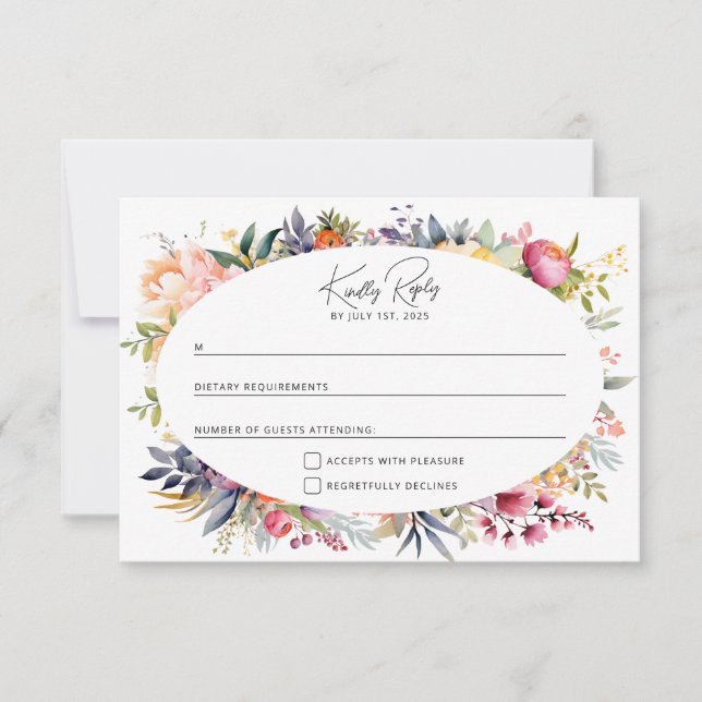 Boho glam wedding RSVP - watercolor peonies (Front)