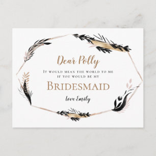 Boho Gold Black Feathery Leaves Bridesmaid Request Postcard