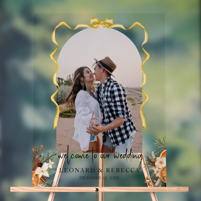 Boho gold bow greenery Wedding photo Acrylic Sign (Neutral)