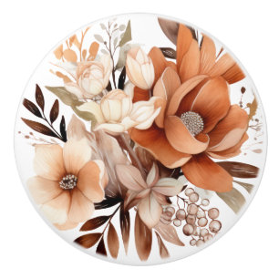Boho Gold Brown Flowers Floral Ceramic Knob