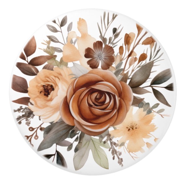 Boho Gold Brown Flowers Floral Ceramic Knob (Front)