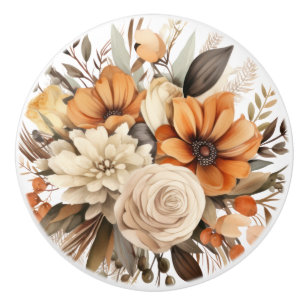 Boho Gold Brown Flowers Floral Ceramic Knob