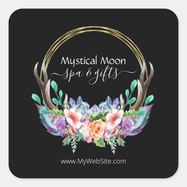 Boho Gold Crystal Cluster Flowers Feather Business Square Sticker (Front)