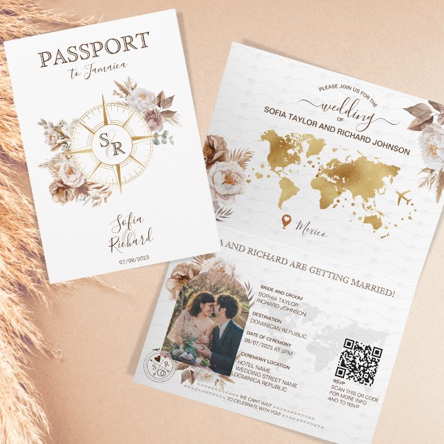 Boho Gold Destination Wedding Passport QR Code Invitation (Boho flowers with compass and monogram passport)