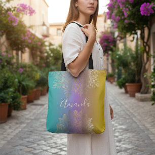 Boho Gold Filigree Mandala Pastel Rainbow Ombre Tote Bag