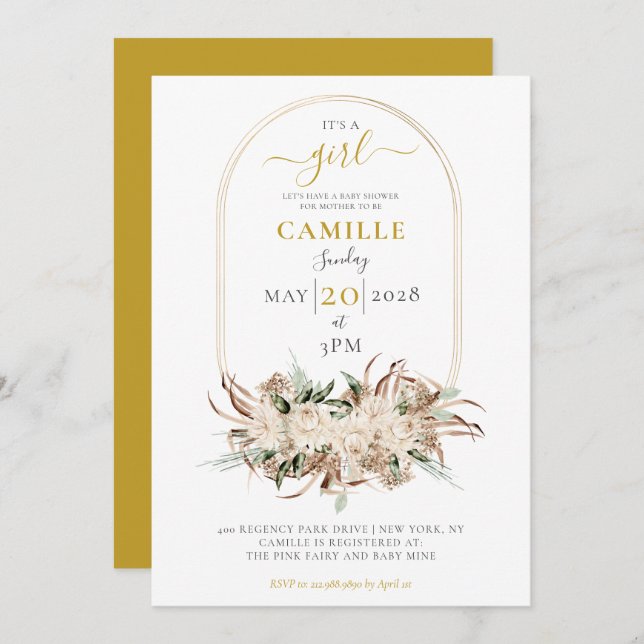 Boho Gold Floral Frame Baby Shower Invitation (Front/Back)