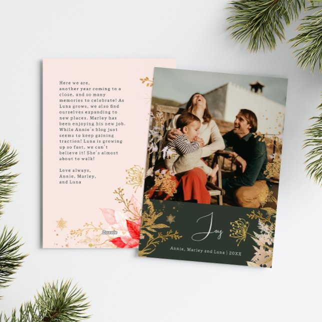 Boho Gold Floral Joy Vertical Photo Christmas Holiday Card (Creator Uploaded)