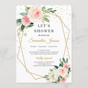 Boho gold geometric blush pink floral bridal invitation