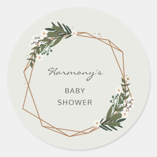 Boho Gold Geometric Greenery Elegant Baby Shower Classic Round Sticker (Front)