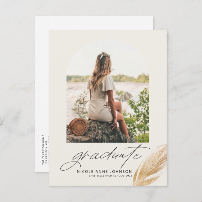 Boho Gold Glitter Feather Arch Photo Graduation Invitation Postcard (Front/Back)