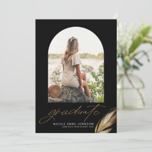 Boho Gold Glitter Feather Black Photo Graduation Announcement