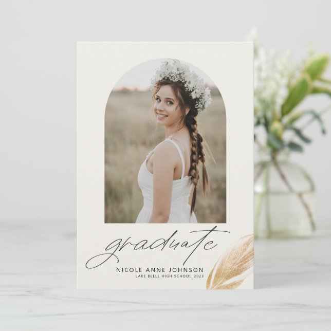 Boho Gold Glitter Feather Photo Graduation Announcement (Standing Front)