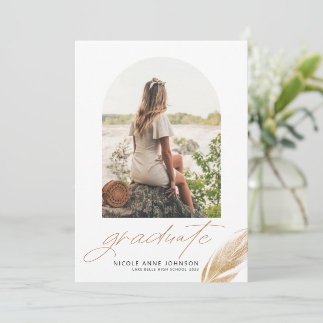 Boho Gold Glitter Feather White Photo Graduation Announcement (Standing Front)