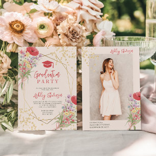 Boho gold glitter floral pink photo graduation invitation
