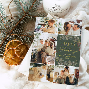 Boho Gold Green Five Photo Family Holiday Card