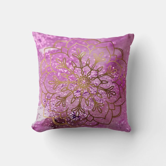 Boho Gold Mandala Hot Pink Watercolor Wash Glitter Cushion (Front)