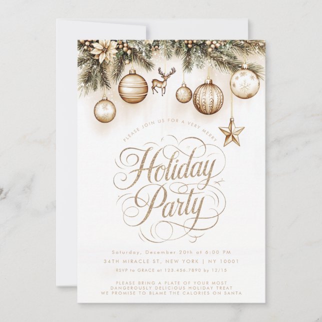 Boho Gold Ornaments Baubles Christmas Party Invitation (Front)