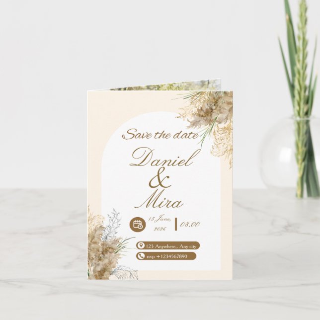 Boho Gold Pampas Arch Fully Editable Wedding  Invitation (Front)