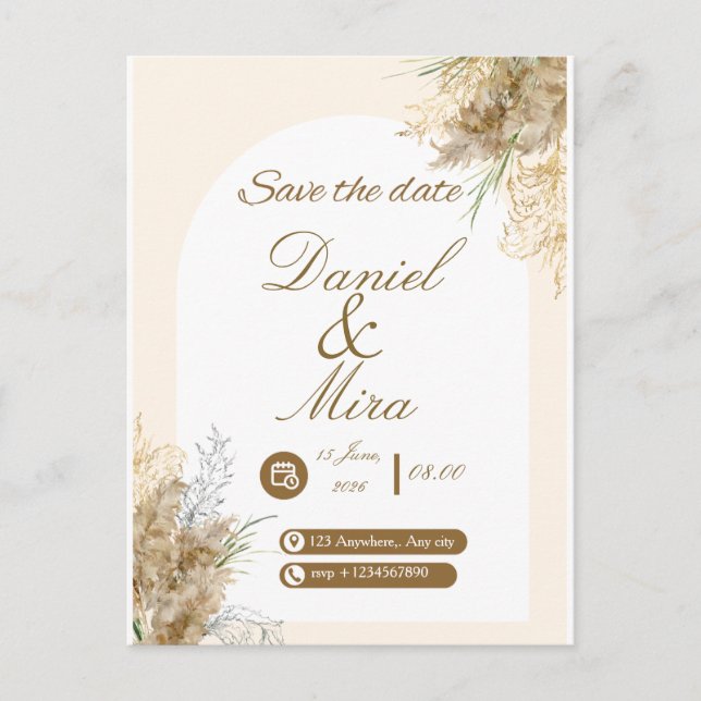 Boho Gold Pampas Arch Fully Editable Wedding  Invitation Postcard (Front)