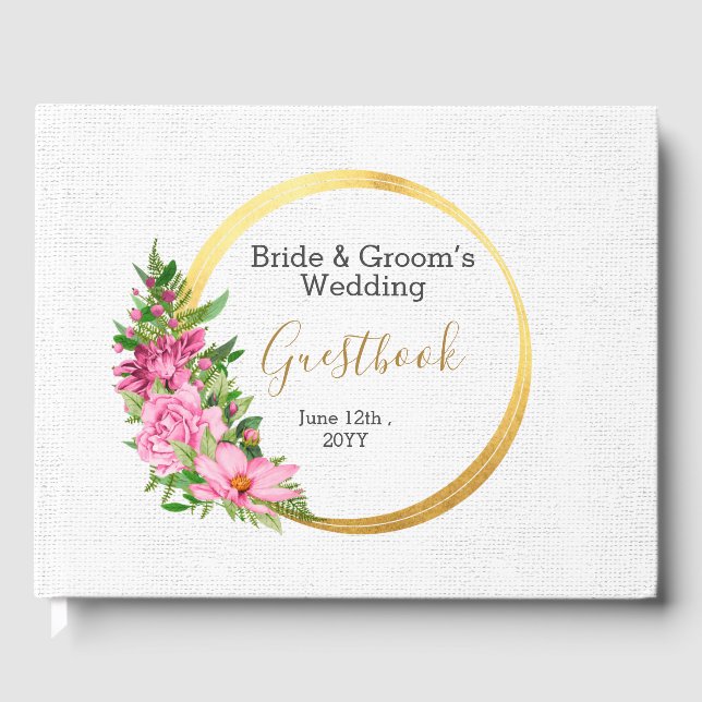 Boho Gold Pink Floral Watercolor Guest Book (Front)
