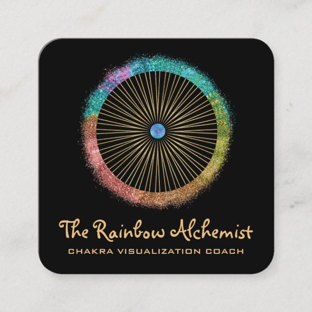 *~*  Boho Gold Sacred Geometry Chakra Glitter Square Business Card (Front)