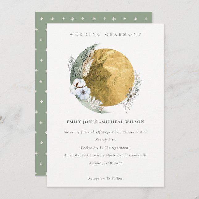 Boho Gold Saga Green Floral Wreath Wedding Invite (Front/Back)