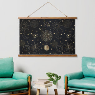 Boho Gold Space doodles Black Design Hanging Tapestry