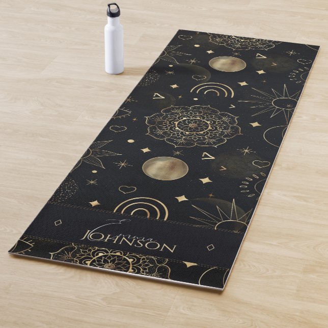 Boho Gold Space doodles Black Design Yoga Mat (In Situ)