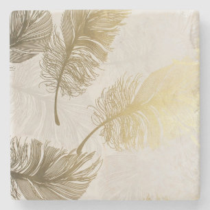 Boho Golden Feathers Stone Coaster