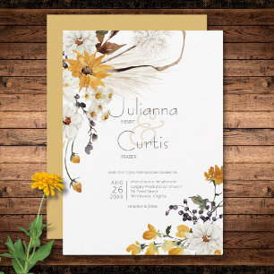 Boho Golden Yellow Meadow Flowers Gold Wedding Invitation