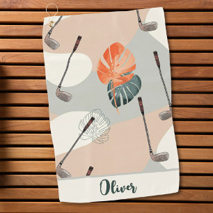 Boho Golf Clubs Pattern with Tropical Leaves Towel
