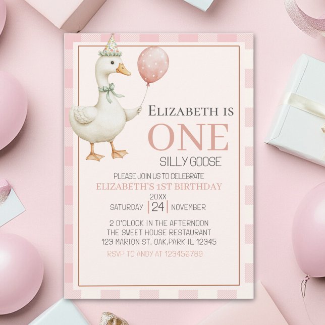 Boho Goose Birthday 1st for Girl – Pink Tartan  Invitation (Creator Uploaded)