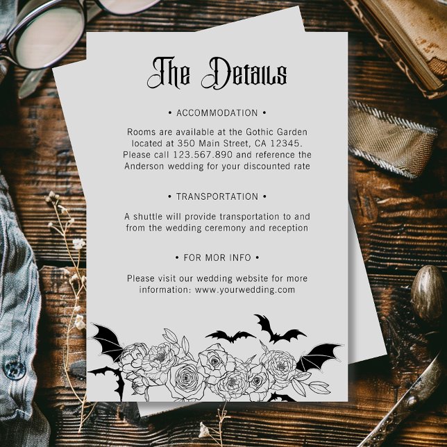 Boho Gothic Botanical Grey Wedding Details Enclosure Card (Creator Uploaded)